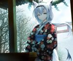  1girl absurdres ahoge animal_ear_fluff animal_ears bangs black_kimono braid floral_print fox_ears fox_girl fox_tail green_eyes hair_between_eyes hairband highres hololive japanese_clothes jjetotwt kimono long_hair looking_at_viewer obi outdoors sash shirakami_fubuki shrine sidelocks single_braid solo tail torii virtual_youtuber white_hair 