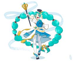  1girl aqua_eyes aqua_hair artist_logo black_shoes blue_dress camolleyboo curtained_hair dress frilled_ribbon frills full_body gloves hair_extensions hand_on_own_hip hat hat_ribbon hatsune_miku headset high-low_dress high_collar highres holding holding_scepter logo long_hair looking_at_viewer mini_hat multi-tied_hair musical_note open_mouth outstretched_arm pantyhose parted_bangs pointing pointing_to_the_side ribbon ring_hair_extensions scepter shoe_strap shoes sidelocks smile solo standing standing_on_one_leg teeth three-quarter_sleeves twintails two-tone_ribbon upper_teeth_only very_long_hair vocaloid white_background white_gloves white_pantyhose 