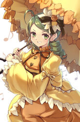  1girl absurdres ahoge black_ribbon classic_lolita commentary_request drill_hair flower frilled_sleeves frilled_umbrella frills green_eyes green_hair grin hair_flower hair_ornament hair_ribbon heart highres holding holding_umbrella juliet_sleeves kanaria kanzakietc lolita_fashion long_sleeves looking_at_viewer medium_hair musical_note neck_ribbon parasol parted_bangs puffy_sleeves ribbon rose rozen_maiden simple_background smile solo twin_drills umbrella upper_body v-shaped_eyebrows white_background wide_sleeves yellow_flower yellow_rose yellow_umbrella 