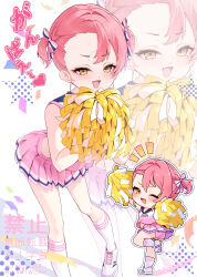  1boy absurdres bent_over bow cheerleader commentary_request crop_top crossdressing crossdressing_(mtf) deformed fang hair_between_eyes highres holding holding_pom_poms kneehighs light_blush looking_at_viewer male_focus midriff miniskirt open_mouth original peteron pink_hair pom_pom_(cheerleading) shirt shoes short_hair skirt sleeveless sleeveless_shirt smile sneakers socks trap two_side_up yellow_eyes 