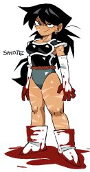  1girl armor black_armor black_hair blood blood_on_clothes blood_on_ground blood_on_hand blood_on_shoes boots dragon_ball dragon_ball_z earrings elbow_gloves full_body gloves jewelry long_hair monkey_girl monkey_tail oekaki original saiyan saiyan_armor sayote_(teknodice) scar scar_on_face scar_on_leg scar_on_shoulder scars_all_over shoulder_pads simple_background single_earring tail tail_around_own_waist tail_wrap teknodice white_background white_boots white_gloves 