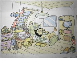  1930s_(style) 1boy alarm_clock animal_ears backpack bag baseball_bat bed blanket blue_bag blue_umbrella book book_stack calendar_(object) cat_boy cat_ears chair chest_of_drawers clock closed_eyes closed_umbrella colored_pencil cup curtains desk desk_lamp door drawer furry furry_male gun hanging_light indoors inkwell katsukawa_katsushi lamp lying male_focus mobile mug night on_back on_bed open_book open_drawer open_mouth orange_slippers original painting_(medium) pencil pencil_case pet_door pillow randoseru ruler sleeping slippers solo star_(symbol) sword television toy toy_gun toy_robot toy_sword toy_tank traditional_media umbrella watercolor_(medium) weapon window wooden_ceiling wooden_chair wooden_desk wooden_door wooden_floor 