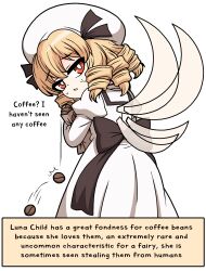  bag blonde_hair coffee_beans dress drill_hair english_text fairy fairy_wings from_behind hat highres holding holding_bag looking_back luna_child red_eyes rui_hill short_hair touhou white_dress white_hat wings 