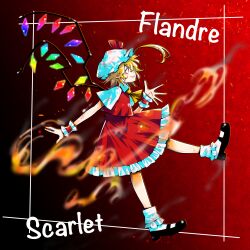  1girl absurdres ascot black_shoes blonde_hair character_name collared_shirt commentary crystal crystal_wings flandre_scarlet frilled_skirt frilled_wrist_cuffs frills from_side full_body hat hat_ribbon highres mary_janes mob_cap multicolored_wings one_side_up open_mouth red_background red_eyes red_skirt red_vest red_wrist_cuffs ribbon shirt shoes short_sleeves skirt skirt_set smile socks solo touhou vest white_hat white_shirt white_socks wings wrist_cuffs yellow_ascot yuya_(euky8335) 
