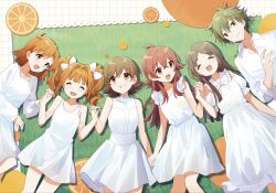  1boy 5girls :d ^_^ brown_eyes brown_hair character_request closed_eyes collared_shirt commentary_request dress food fruit gakuen_idolmaster green_hair grin highres holding_hands honda_mio idolmaster idolmaster_(classic) idolmaster_cinderella_girls idolmaster_million_live! idolmaster_shiny_colors idolmaster_side-m interlocked_fingers komiya_kaho kuramoto_china long_hair long_sleeves looking_at_viewer lying multiple_girls nnnn on_back orange_(fruit) orange_hair orange_slice red_eyes red_hair shirt short_hair sleeveless sleeveless_dress smile takatsuki_yayoi twintails white_dress white_shirt yabuki_kana 