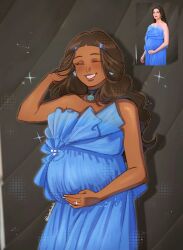  1girl absurdres aged_up avatar:_the_last_airbender avatar_legends bare_arms bare_shoulders blue_dress brown_hair closed_eyes commentary cowboy_shot dark-skinned_female dark_skin dress earrings english_commentary eyelashes gown hair_lift hand_on_own_stomach highres jewelry katara long_hair parted_lips pendant pendant_choker pregnant real_life_insert reference_inset salumisabelle smile sparkle sparkling_aura strapless strapless_dress teeth very_long_hair 