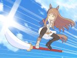  1girl animal_ears brown_hair closed_eyes commentary_request false_smile flying hair_ornament highres horse_ears horse_girl horse_tail kudan_(kudan4429) motion_lines pantyhose parody sky smile solo tail umamusume weapon 