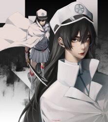  1girl bambietta_basterbine black_hair bleach bleach:_sennen_kessen-hen boots buckle cloak dress full_body grey_eyes hair_between_eyes hat heart heart-shaped_buckle highres holding holding_sword holding_weapon long_hair looking_at_viewer multiple_views pleated_dress red_lips solo standing sword upper_body wandenreich_uniform weapon white_boots white_cloak white_dress white_hat yorumudts 