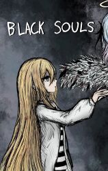  2girls angel_wings black_souls black_souls_2 blonde_hair blood blood_in_hair blue_eyes blue_hair commentary copyright_name feathered_wings gradient_hair hair_between_eyes halo highres jacket kangbao49 lingeriena_(black_souls) long_hair long_sleeves multicolored_hair multiple_girls open_clothes open_jacket out_of_frame pink_hair profile rachel_gardner reaching reaching_towards_another satsuriku_no_tenshi shirt solo_focus striped_clothes striped_shirt upper_body very_long_hair white_jacket wings 