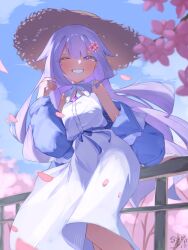  1girl absurdres alternate_costume blue_jacket blue_ribbon blue_sky breasts cherry_blossoms clouds commentary day dress english_commentary face_jewel feet_out_of_frame flower grin hair_flower hair_ornament hat highres hololive hololive_english jacket jacket_partially_removed jewel_under_eye koseki_bijou long_hair looking_at_viewer one_eye_closed outdoors pink_flower purple_hair ribbon said_ard sky sleeveless sleeveless_dress small_breasts smile solo straw_hat tree violet_eyes virtual_youtuber waist_ribbon white_dress 