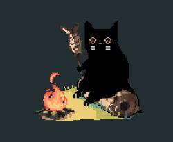  animal animal_focus black_cat campfire cat commentary cooking decomposedmaw english_commentary fire fish_(food) fish_skewer food grass holding holding_food holding_skewer log no_humans on_log original outdoors pixel_art roasting shadow sitting sitting_on_log skewer stick whiskers 