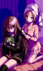  absurdres black_pajamas blush brown_hair brushing_hair celysel commentary evil_neuro-sama hair_brush highres neuro-sama on_bed original pajamas pink_pajamas red_eyes stuffed_toy stuffed_turtle towel vedal987 