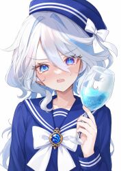  1girl ahoge ai-generated alternate_costume blue_eyes blue_hair champagne_flute cup dress drinking_glass furina_(genshin_impact) genshin_impact hair_between_eyes hat heterochromia highres long_hair long_sleeves looking_at_viewer multicolored_hair open_mouth sailor_collar sailor_dress solo streaked_hair user_afev3773 white_hair 