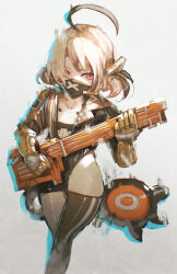  1girl absurdres advarcher ahoge bass_guitar black_jacket black_mask black_thighhighs blonde_hair breasts brown_hair commentary english_commentary gigi_murin gloves highres holding hololive hololive_english huge_ahoge instrument jacket looking_at_viewer mask mouth_mask multicolored_hair pink_eyes playing_bass_guitar playing_instrument short_hair simple_background single_thighhigh solo tail thigh-highs twintails two-tone_hair virtual_youtuber 