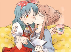 2girls booing6 book brown_hair choker closed_eyes commentary_request cup curly_hair dress green_hair hair_bun hairband heart heart_choker holding holding_book holding_cup idolmaster idolmaster_million_live! mug multiple_girls one_eye_closed open_book polka_dot_hairband red_dress red_hairband sidelocks single_hair_bun tenkubashi_tomoka textless_version tokugawa_matsuri yuri 