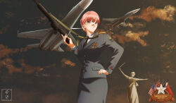  1girl absurdres adfi_26 aircraft airplane american_flag bandaid bandaid_on_face bandaid_on_nose black_necktie clouds cloudy_sky collared_shirt fighter_jet french_flag grey_jacket grey_skirt gun hand_on_own_hip highres holding holding_gun holding_weapon jacket medal mig-29 military_uniform military_vehicle necktie original pink_hair ribbon rifle shirt skirt sks sky solo soviet_flag statue union_jack vdv victory_day weapon white_shirt yellow_eyes 