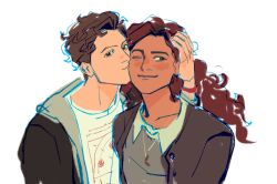  1boy 1girl black_eyes black_hair blush brown_hair collared_shirt couple curly_hair dark-skinned_female dark_skin hand_on_another's_head heads_together hetero highres hood hood_down hooded_jacket jacket jewelry kiss kissing_cheek layered_clothes long_hair long_sleeves marvel michelle_"mj"_jones necklace one_eye_closed peter_parker shirt short_hair smile spider-man:_brand_new_day spider-man_(series) sweater t-shirt upper_body very_short_hair wavy_hair white_background yancantdraw 