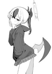  1girl absurdres akadashi1210 blue_archive blush choker demon_horns demon_wings earclip halo hand_in_pocket highres hood hoodie horns kayoko_(blue_archive) looking_at_viewer monochrome multicolored_hair pleated_skirt ponytail single_wing skirt two-tone_hair wings 
