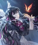  1girl black_hair bug butterfly cat_princess closed_eyes closed_mouth columbina_(genshin_impact) commentary_request eye_mask fur_coat genshin_impact hand_up head_wings light_smile multicolored_hair purple_hair ribbon solo two-tone_hair white_ribbon wrist_ribbon 