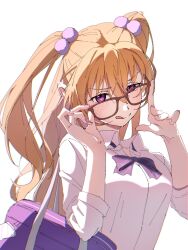  1girl :q adjusting_eyewear bag bow bowtie collared_shirt glasses gyaru hair_between_eyes hair_ornament hand_on_eyewear highres konoe_kanata long_hair looking_at_viewer love_live! love_live!_nijigasaki_high_school_idol_club mochi_(znkn4524) pom_pom_(clothes) pom_pom_hair_ornament purple_bag purple_bow purple_bowtie purple_nails school_bag school_uniform shirt simple_background solo tongue tongue_out two_side_up upper_body white_background white_shirt 