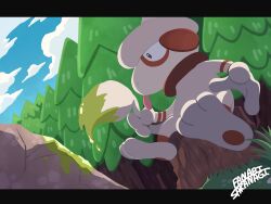  1other absurdres blue_sky clouds furry highres holding holding_own_tail letterboxed on_tree_stump outdoors paint pokemon pokemon_(creature) pokemon_focus sakanagi_(a_r_co) sitting sky smeargle tail tongue tongue_out tree 