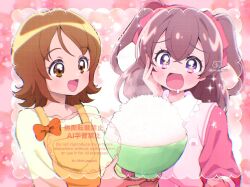  +_+ 2girls :d apron bowl brown_eyes brown_hair chii_(chi_pppuri) collared_shirt commentary crossed_bangs delicious_party_precure drooling flipped_hair hair_between_eyes hair_ribbon happinesscharge_precure! holding holding_bowl in-franchise_crossover looking_at_another medium_hair multiple_girls nagomi_yui oomori_yuuko open_mouth orange_apron pink_background pink_ribbon pink_shirt pink_vest precure ribbon rice rice_bowl shirt smile two_side_up untranslatable_commentary vest violet_eyes white_shirt 