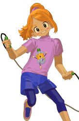  1girl 1other animal_print black_eyes blue_shorts blush blush_stickers bottle commentary grin hair_ornament hair_scrunchie highres holding jump-rope_tutor_(rhythm_tengoku) jump_rope jumping leggings long_hair looking_at_viewer male_focus nadesasero orange_hair pants pet_(rhythm_tengoku) pink_shirt plastic_bottle ponytail rhythm_tengoku rhythm_tengoku_miracle_stars scrunchie shirt shoes short_sleeves shorts simple_background smile solo t-shirt water_bottle white_background 
