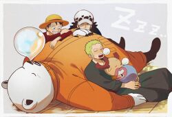  5boys antlers bear_boy bepo_(one_piece) black_hair closed_eyes commentary_request green_hair grin hat holding holding_unworn_clothes holding_unworn_hat horns jumpsuit kiyoshita looking_at_another lying lying_on_person male_focus monkey_d._luffy multiple_boys nose_bubble on_back one_piece open_mouth orange_jumpsuit red_shirt reindeer_antlers reindeer_boy roronoa_zoro scar scar_across_eye scar_on_face shirt short_hair sleeping smile straw_hat tony_tony_chopper trafalgar_law unworn_hat unworn_headwear white_hat zzz 