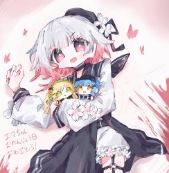  3girls :d belt beret black_choker black_coat black_hat blood bug butterfly center_frills choker coat collared_coat cowboy_shot fang flower flower-trimmed_shorts flower-trimmed_sleeves frills gradient_hair hair_flower hair_ornament hat hat_flower hat_ribbon highres holding holding_mini_person long_sleeves mahou_shoujo_no_majo_saiban mini_person minigirl multicolored_hair multiple_girls neck_ribbon o-ring o-ring_thigh_strap open_mouth pants pink_eyes pink_hair red_butterfly ribbon sakuraba_ema shirt short_hair shorts simple_background skin_fang sleeveless sleeveless_coat smile tachibana_sherry thigh_strap tono_hanna translation_request unnmo_1102 white_background white_flower white_hair white_pants white_ribbon white_shirt white_shorts white_sleeves x_hair_ornament 