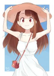  1girl armpits arms_up asymmetrical_bangs bag bare_shoulders blue_background bluearcadegames border breasts brown_eyes brown_hair closed_mouth collarbone dress hat highres kagari_atsuko little_witch_academia long_hair looking_at_viewer medium_breasts original red_bag smile solo straw_hat sun_hat sundress upper_body white_border white_dress 