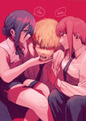  1boy 2girls absurdres aqua_eyes bare_legs bare_shoulders black_choker black_necktie black_pants black_ribbon black_shorts breasts chainsaw_man choker collared_shirt commentary denji_(chainsaw_man) english_commentary english_text grin hair_bun hand_on_another's_chest hand_on_another's_chin highres long_sleeves looking_at_another maaka_4441 makima_(chainsaw_man) multiple_girls neck_ribbon necktie open_mouth orange_eyes orange_hair pants pink_eyes pink_hair purple_hair red_background reze_(chainsaw_man) ribbon ringed_eyes sharp_teeth shirt short_hair short_shorts shorts simple_background sitting sitting_on_lap sitting_on_person sleeveless sleeveless_shirt smile speech_bubble sweat teeth very_short_hair white_shirt wide-eyed 