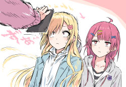  3girls ahoge arrow_(symbol) bang_dream! bang_dream!_yumemita black_shirt blonde_hair blue_jacket cardigan cat_hair_ornament grey_jacket hair_ornament highres hood hood_down hooded_jacket hoodie jacket long_hair long_sleeves miyanaga_nonoka multiple_girls nakamachi_arale open_clothes open_jacket pink_cardigan pink_hair sengoku_yuno shirt striped_clothes striped_shirt white_hoodie yukitake_(bullfalk) 