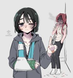  2girls alien_stage an_sin arm_sling bandaid bandaid_on_face bandaid_on_finger bandaid_on_hand black_hair black_pants cigarette cigarette_butt commentary crying grey_hoodie hand_in_pocket highres holding holding_cigarette hood hoodie long_hair mizi_(alien_stage) mizi_(zombie_stage) multiple_girls one_eye_closed pants pink_hair short_hair smoke smoking splint sua_(alien_stage) sua_(zombie_stage) tears trembling untranslatable_commentary violet_eyes yellow_eyes zombie_stage 