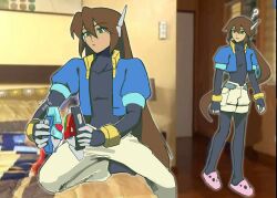  ? aile_(mega_man_zx) black_bodysuit blue_jacket bodysuit brown_hair green_eyes highres jacket lei_arrrrt10 long_hair mega_man_(series) mega_man_zx mega_man_zx_advent model_x_(mega_man) model_z_(mega_man) photo_background robot_ears vent_(mega_man) 