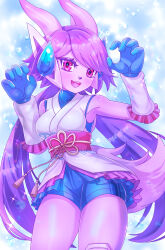  arm_guards black_nose blue_gloves blue_shorts chinese_knot commentary_request commission dragon_girl dragon_horns earphones freedom_planet freedom_planet_2 furry furry_female gloves highres horns kiwakiwa long_hair pink_eyes purple_hair sash_lilac shorts skeb_commission tail thighs twintails water_dragon 