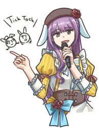  3girls 6th_live_dream_~bloom_garden_party~ :d animal_ear_headwear animal_ears animification beret blue_bow blue_bowtie bow bowtie braid brown_eyes brown_hat chibi chibi_inset commentary_request fake_animal_ears flower fushigi_to_kimi_to_library hanamiya_nina hat hat_flower holding holding_microphone juliet_sleeves long_sleeves love_live! love_live!_hasu_no_sora_jogakuin_school_idol_club magma_(medium) microphone multiple_girls nirei_nozomi no_mole open_mouth paint_chat_(medium) pinstripe_sleeves potatopenggu puffy_sleeves purple_hair rabbit_ear_headwear real_life red_flower red_rose rose sakurai_hina side_braids sidelocks simple_background smile striped_bow striped_bowtie striped_clothes voice_actor white_background |_| 