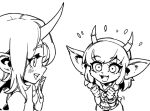  2girls :d alternate_ears alternate_form bangs blush character_request check_character clenched_hands flying_sweatdrops gloves grey_background hand_up hands_up happy horns league_of_legends lillia_(league_of_legends) long_hair looking_at_another multiple_girls navel open_mouth phantom_ix_row pointy_ears simple_background single_horn smile soraka_(league_of_legends) tail teeth upper_teeth yordle 