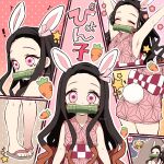  1boy 1girl ^_^ absurdres agatsuma_zenitsu animal_ears armpits arms_up ass bamboo bare_legs bit_gag black_hair brown_hair carrot closed_eyes gag hair_ribbon haori highres japanese_clothes kamado_nezuko kimetsu_no_yaiba kimono legs long_hair mouth_hold multicolored_hair pink_eyes pink_kimono pink_ribbon pori_(kmt_pori) rabbit_ears rabbit_girl rabbit_tail ribbon shoes star_(symbol) tail translation_request twitter_username two-tone_hair very_long_hair violet_eyes 