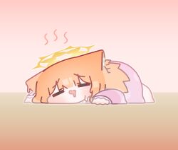  1girl animal_ear_fluff animal_ears barefoot blue_archive blunt_bangs blush chibi closed_eyes commentary drooling english_commentary halo highres horuhara hot long_hair long_sleeves lying mari_(blue_archive) melting no_nose on_stomach open_mouth orange_hair pajamas pink_background pink_pajamas polka_dot polka_dot_pajamas solo yellow_halo 