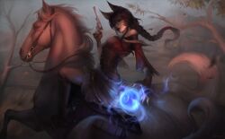  absurdres ahri_(league) animal animal_ears black_hair boots breasts brown_shoes dress facial_mark fox_tail fur_trim gun handgun highres holding holding_gun holding_weapon horse horseback_riding kitsune kyuubi leaf league_of_legends long_hair looking_at_viewer magic medium_breasts multiple_tails nose orb ponytail red_lips reins revolver riding seraya_x shoes sky solo solo_focus tail tree weapon white_tail 
