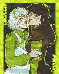  2girls black_hair cecillia_(nyoolie) english_text green_eyes green_hairband green_shirt green_sleeves grin hairband highres limited_palette looking_at_viewer marking_on_cheek multiple_girls nyoolie one_eye_closed original penny_(nyoolie) shirt smile striped_sleeves swirl swirl_on_cheek traditional_media white_hair 