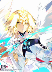  1girl absurdres blonde_hair breasts dress eeju fate/grand_order fate_(series) headpiece highres jeanne_d'arc_(fate) long_sleeves metatron_jeanne_(fate) metatron_jeanne_(third_ascension)_(fate) open_mouth small_breasts watermark web_address weibo_watermark white_background white_dress white_wings wings yellow_eyes 