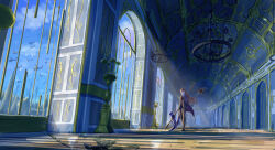  1girl absurdres aircraft anz_siki black_jacket black_necktie black_pants broken_window brown_hair candelabra candlestand chandelier commentary_request drone floating_clothes floating_hair hallway helicopter highres holding holding_polearm holding_weapon indoors jacket long_hair long_sleeves necktie original palace pants polearm red_eyes shirt solo straight_hair suit suit_jacket vanishing_point walking weapon white_shirt wide_shot window 
