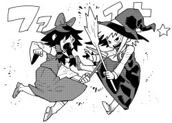  2girls anger_vein bow broom commentary_request cookie_(touhou) crescent crescent_pin detached_sleeves dress extreme_tuna_can_non_oil fighting full_body gogogo_(cookie) greyscale hair_bow hakurei_reimu hat highres holding holding_broom jumping kirisame_marisa looking_at_another monochrome multiple_girls open_mouth pinafore_dress sharp_teeth shirt shoes short_hair skirt sleeveless sleeveless_dress sleeveless_shirt socks star_(symbol) teeth togashi_(cookie) touhou witch_hat 