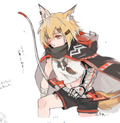  1girl animal_ear_fluff animal_ears arknights black_cape black_shorts blonde_hair bow_(weapon) cape commentary_request fox_ears fox_girl fox_tail hair_ornament hairclip holding holding_bow_(weapon) holding_weapon hood hood_down hooded_cape material_growth midriff notched_ear orange_eyes oripathy_lesion_(arknights) prosthesis prosthetic_arm shirt short_hair shorts simple_background solo standing tail usagice vermeil_(arknights) weapon white_background white_shirt 