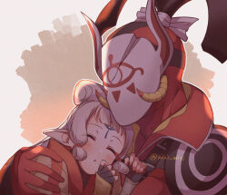  1boy 1girl broken_mask closed_eyes commentary_request eye_symbol eyeliner facial_mark fingerless_gloves forehead_mark gloves height_difference hetero highres horned_mask hug hyrule_warriors:_age_of_calamity impa low-tied_sidelocks makeup mask pointy_ears red_eyeliner sidelocks sleeping sleeping_on_person sooga the_legend_of_zelda the_legend_of_zelda:_breath_of_the_wild twitter_username white_hair wolf_ggwin 
