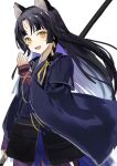  1girl :d animal_ear_fluff animal_ears arknights azuazu_0405 bangs black_hair black_kimono dog_ears facial_mark forehead_mark hand_up highres holding japanese_clothes kimono long_hair looking_at_viewer multicolored_hair parted_bangs purple_hair saga_(arknights) simple_background smile solo two-tone_hair very_long_hair white_background yellow_eyes 