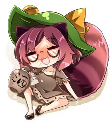  1girl :3 animal_ears black_shoes blush brown_dress brown_hair chibi chibi_only closed_eyes combat2000_(kuroneko) commentary_request dress full_body futatsuiwa_mamizou glasses gourd green_hat hat highres large_tail open_mouth raccoon_ears raccoon_girl raccoon_tail semi-rimless_eyewear shoes short_hair simple_background sitting solo tail touhou under-rim_eyewear white_background 