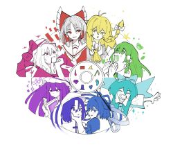  6+girls ^_^ ascot bat_(animal) bat_wings blonde_hair blue_ascot blue_bow blue_eyes blue_hair blue_vest blush book bow braid cirno closed_eyes collared_shirt color_wheel_challenge commentary english_commentary frilled_bow frills green_eyes green_hair grin hagoromo hair_bow hair_ornament hair_rings hair_stick hair_tubes hakurei_reimu hand_on_another's_chin hand_on_another's_shoulder hat hat_bow highres holding holding_book ice ice_wings jiangshi kaku_seiga kirisame_marisa kochiya_sanae long_hair miyako_yoshika mob_cap multiple_drawing_challenge multiple_girls ofuda open_book open_mouth outstretched_arms patchouli_knowledge pink_bow pink_hat purple_hair reading red_bow red_eyes red_hair remilia_scarlet shawl shirt short_sleeves side_braid single_braid single_hair_tube smile snake_hair_ornament snoeflaefk spread_arms touhou vest violet_eyes white_bow white_hat white_shirt wings yellow_ascot yellow_eyes 