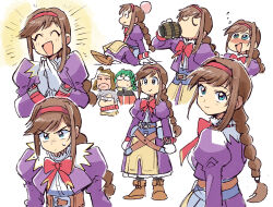  1girl 3boys belt braid brown_hair clive_winslett closed_mouth coat commentary_request dress gallows_carradine glasses gloves green_hair hairband jet_enduro long_hair looking_at_viewer maya_schrodinger multiple_boys open_mouth purple_dress red_hairband simple_background smile tsubobot virginia_maxwell white_background wild_arms wild_arms_3 